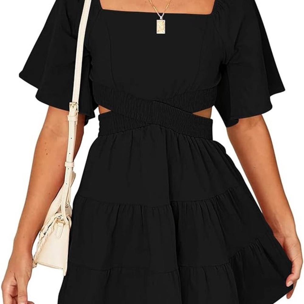 NWT-Shy Velvet Square Neck Black Tiered Mini Dress with Waist Cutouts
